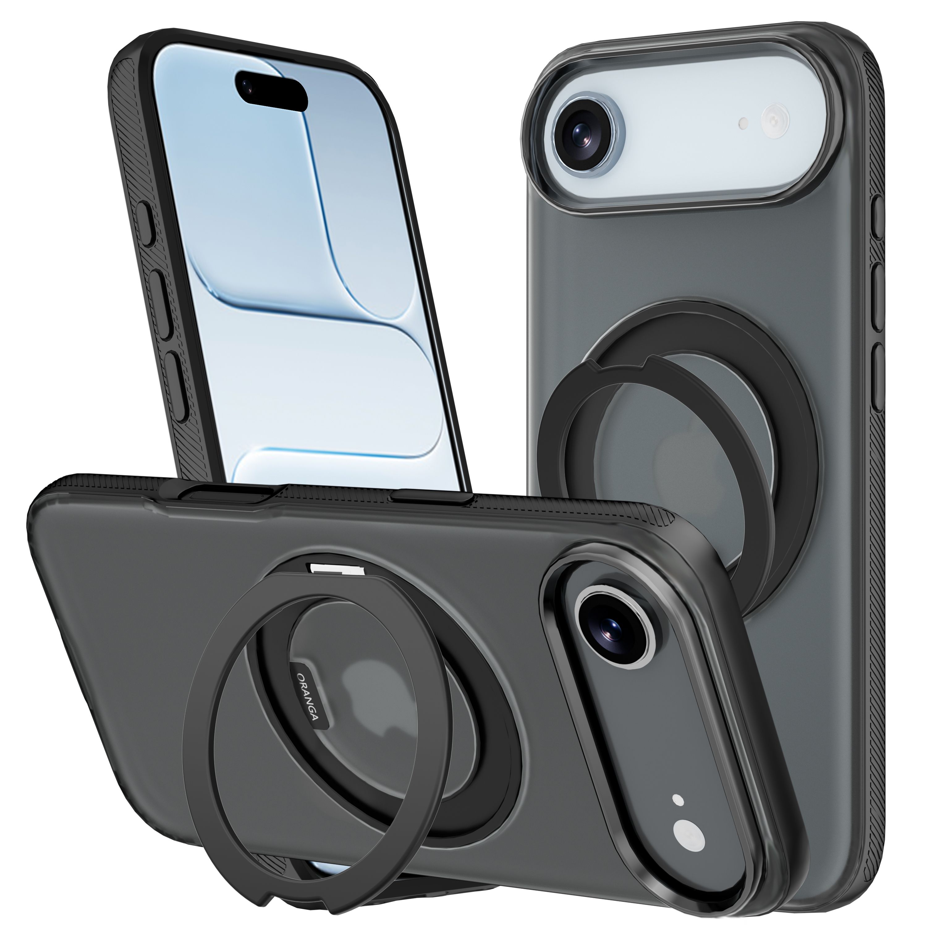 ORANGA iPhone Air 用ケース 【360度回転できるスタンド】 多機能一体 縦横両対応 マグネット搭載 MagSafe対応 薄型 半透明 指紋防止 米軍MIL規格耐衝撃 リング マット感 黄変防止 iPhone 17 Air ブラック