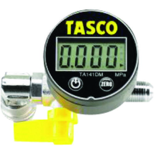 【仕様】■デジタルミニ連成計：45φTA141DM＝−0.1〜5.0MPa。■ボディ：1/4″フレアメス(ポンプ側)×5/16″フレアオス(ポート側)、気密用バルブ付。■アダプタ：5/16″フレアメス×1/4″フレアオス(TA159P-4)付※ボールバルブは気密保持用になります。