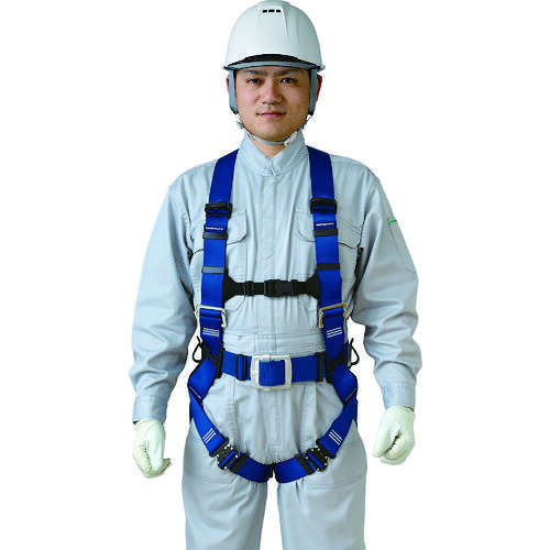 【特長】■従来のS・M・Lサイズを全て網羅したフリーサイズです。■肩ベルトが身体の動きに追随してスライドする、フリーショルダーを採用しました。■しゃがんだ時にお尻周りがつっぱらないフリーテンション構造です。【仕様】■サイズ：フリー■色：ブルー■腿バックル：ワンタッチ■胴ベルト幅×長さ(mm)：50×1200■ベルト幅(mm)：47■胴ベルトバックル：軽量バックル■最大使用可能質量(kg)：140■胸ベルト幅(mm)：25■厚生労働省「墜落制止用器具の規格」適合品■背中ベルト:X型■腿ベルト:V型