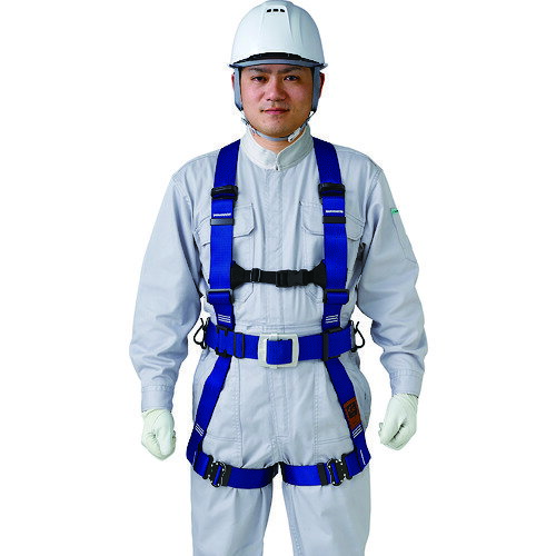 【特長】■背中のベルト長さを調整できるアジャスター付です。■肩ベルトが身体の動きに追随してスライドする、フリーショルダーを採用しました。【仕様】■サイズ：フリー■色：ブルー■腿バックル：ワンタッチ■胴ベルト幅×長さ(mm)：50×1200■ベルト幅(mm)：47■胴ベルトバックル：軽量バックル■最大使用可能質量(kg)：140■胸ベルト幅(mm)：25■厚生労働省「墜落制止用器具の規格」適合品■背中ベルト:Y型■腿ベルト:水平型