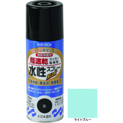 【特長】■有機溶剤中毒予防規則適用外です。■硬くて強い塗膜が被塗物を護ります。■密着力に優れ、折り曲げにも強い力を発揮します。【用途】■屋内外の色々な場所・物。■鉄部、木部、コンクリート、ガラス、スレート、プラスチック製品など発泡スチロールにも塗れます。【仕様】■色：ライトブルー■容量(L)：0.3■乾燥時間：半硬化乾燥20℃約20分、5℃30分■指触乾燥時間：20℃約8分、5℃約16分■塗り重ね可能時間：20℃約2時間、5℃約3時間■塗り重ね回数：2■塗布面積(［［M2］］)：約0.5〜1.0■2回塗り■半硬化乾燥時間：約20分(20℃)、約30分(冬)■塗布面積：約0.5〜1.0［［M2］］【材質・仕上】■アクリル樹脂系水溶性塗料【注意事項】■使用する時は容器を充分に振り、よくかき混ぜて下さい。