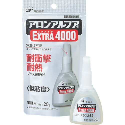 【特長】■耐熱・耐衝撃強度用です。■速硬化タイプです。■耐熱温度は120℃です。【用途】■各種金属、汎用プラスチックの接着。■耐衝撃性、耐熱性を要求される用途に。【仕様】■色：透明■容量(g)：20■固着時間(23℃)：1秒■使用温度範囲(℃)：-40〜120■粘度：低粘度■固着時間(23℃)：1秒■低粘度型■チャック付アルミ袋入■硬化時間(常温時)：1秒(ポリ塩化ビニール)【材質・仕上】■主成分:シアノアクリレート系