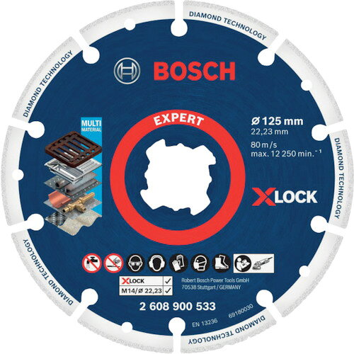 【特長】■ボッシュダイヤモンドテクノロジーによる、非常に耐久性のあるカッティングエッジで通常砥石の最大100倍もの長寿命を実現しました。■最適化されたスチールボディが切断のスピードと深さを一定に保ちます。■落としても砥石のように割れません。■切断時の化学臭や余分な粉じんが発生せず、また使用期限もありません。■独自のスロットデザインが、最後まで一定の切断スピードを保ちます。【用途】■普通鋼、ステンレス鋼、モルタルライニング鋳鉄管、ホーロー等の切断作業に。【仕様】■外径(mm)：125■刃厚(mm)：1.4■穴径(mm)：22.23■最高使用周速度(m/s)：80■乾式■X-LOCK【材質・仕上】■本体：スチール■刃先：ダイヤモンド及びメタルボンド【注意事項】■必ず十分な修理知識・技術をお持ちの方以外は電動工具の修理・分解を行わないでください。■修理の知識や技術の無い方が修理すると、十分な性能を発揮しないだけでなく事故やけがの原因になりますので、修理専門店に修理を依頼されることを推奨します。