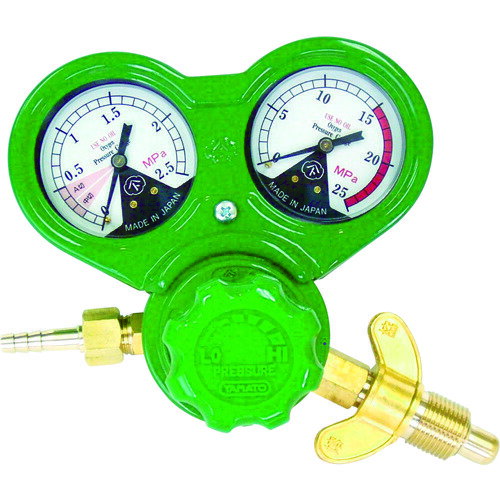 【特長】■コンパクト設計と圧力計カバー付です。■新JIS対応品です。【用途】■酸素ガス用調整器。【仕様】■型式：関西式チョウねじ■流体：酸素■1次側使用圧力：2〜15MPa■2次側使用圧力：0.2〜0.99MPa