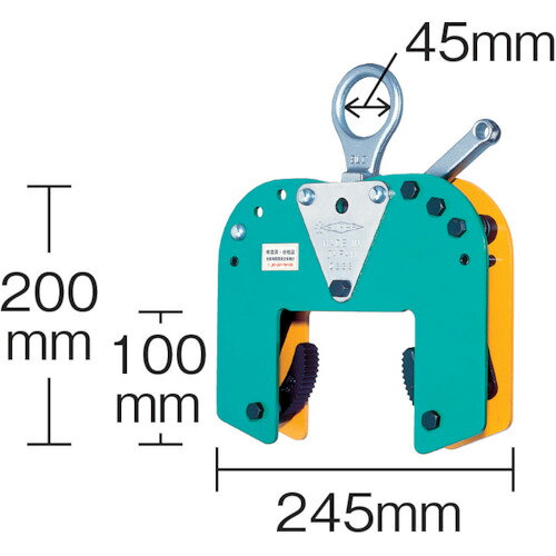 【特長】■木質梁専用吊りクランプです。■遠隔操作で締め付けロックの解除ができ、高所での危険な取り外し作業が不要です。【用途】■木質梁の吊り上げ施工。【仕様】■基本使用荷重(t)：0.2■クランプ範囲(mm)：105〜120■寸法(mm)D：45■寸法(mm)H：200■寸法(mm)H2：100■寸法(mm)L：245■タイプ：クランプ■遠隔操作用ロープ付■2点吊り用【注意事項】■指定容量以上では使用しないでください。■必ず2台1組でご使用ください。