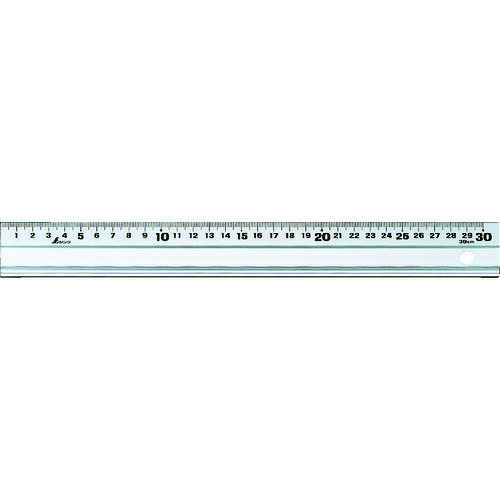 【特長】■大きな目盛数字表示を採用しました。■軽くてさびず丈夫です。■カッティング面より高い危険防止壁付で、カッターの刃が滑っても乗り越えにくい形状になっています。【用途】■長さの測定・カッティング定規・溝引きとして。【仕様】■全長(mm)：310■幅(mm)：35■厚さ(mm)：5■呼び寸法(mm)：300■目盛精度(mm)：±0.2■真直度(mm)：ー■色：シルバー■目盛：cm表示■長さの許容差：±0.20mm【材質・仕上】■本体：アルミ■滑り止め：スポンジ【注意事項】■アルミは温度の変化で伸縮しやすい為、精度の要する測定に使用できません。