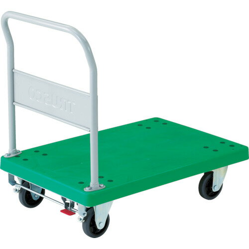 【特長】■堅牢なリブ構造で耐久性に優れた樹脂台車です。■再生ポリプロピレン樹脂を使用し環境に配慮した台車です。■タイヤ痕の付きにくいグレーゴムを使用しています。■ストッパーを踏み込むとブレーキがかかり、ストッパーを跳ね上げるとブレーキが解除されます。【仕様】■均等荷重(kg)：200■騒音値(dB)：57.3■色：グリーン■長さ(mm)：718■幅(mm)：468■高さ(mm)：170■ハンドル高さ(mm)：900■キャスター径(mm)：100■付属ストッパー：TP-700FB■組立目安：1人20分■組立式■自在キャスター、固定キャスター各2個■固定ハンドルタイプ■ストッパー付(TP-700FB)【材質・仕上】■荷台:再生ポリプロピレン（PP）再生材100%■ハンドル:スチール■ハンドル表面処理:粉体塗装■キャスター金具:スチール■車輪:ゴム【注意事項】■サイズ表記にストッパー分は含みません。■出荷時にはブレーキ板の調整はされていますが、取り付けをされるキャスターの位置、車輪の摩耗状態によって、お客様で微調整が必要になる場合があります。■長期間ご使用いただくと車輪が摩耗しブレーキの掛りが悪くなりますので、その場合にも同様に調整が必要となります。