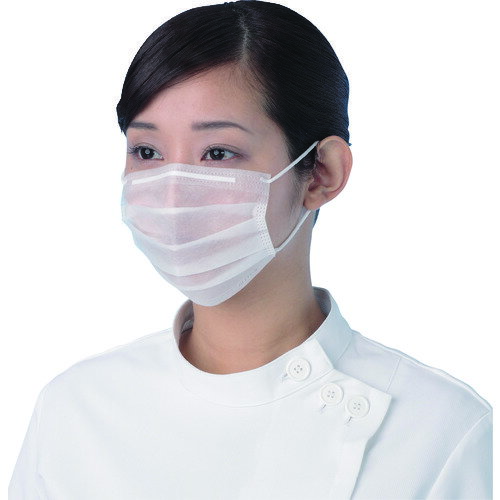【特長】■プリーツをWオメガ構造にする事で、口元に広い空間を確保でき、頬部分にフィットします。■耳ゴムの接着部分を外側に出し、肌荒れに気配りしています。■使いやすいノーズブリッジ（PET樹脂使用）で、装着簡単です。【用途】■つばの飛散防止として。■食品工場やスーパーのバックヤード等。【仕様】■サイズ：女性・子供用■縦(mm)：約90■横(mm)：約145■色：ホワイト■構造：2層■耳掛けタイプ■個包装なし