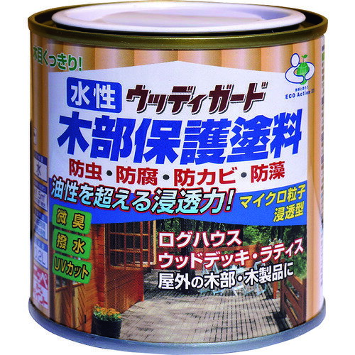 【特長】■マイクロ粒子浸透型の新しい微臭の水性木部保護塗料です。■木材の防虫・防腐・防かび・防藻効果に優れ、木材に浸透して内部から木の腐食を防ぎます。■耐候性に優れたマイクロ粒子浸透型顔料の採用で、木目がよりくっきりキレイな仕上がりになります。■日光による木の焼けを防ぐために、紫外線吸収剤を配合し色アセ・劣化を防止します。(UVカット)■自然にやさしい蜜蝋成分を配合し、はっ水効果があります。【用途】■ログハウス・ウッドデッキ・ラティス（木製フェンス）・ぬれ縁・門扉・板塀・雨戸・戸袋・ルーバーなど屋外の木部・木製品。【仕様】■色：メープル■容量(L)：0.2■乾燥時間：約2時間(夏30℃)、約4時間(冬10℃)■塗布面積(［［M2］］)：約1.5■塗布面積：約1.5(平米)【材質・仕上】■合成樹脂（アルキド・アクリル）、顔料、木材防虫剤、防腐剤、防かび剤、防藻剤、水