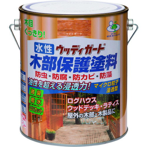 【特長】■マイクロ粒子浸透型の新しい微臭の水性木部保護塗料です。■木材の防虫・防腐・防かび・防藻効果に優れ、木材に浸透して内部から木の腐食を防ぎます。■耐候性に優れたマイクロ粒子浸透型顔料の採用で、木目がよりくっきりキレイな仕上がりになります。■日光による木の焼けを防ぐために、紫外線吸収剤を配合し色アセ・劣化を防止します。(UVカット)■自然にやさしい蜜蝋成分を配合し、はっ水効果があります。【用途】■ログハウス・ウッドデッキ・ラティス（木製フェンス）・ぬれ縁・門扉・板塀・雨戸・戸袋・ルーバーなど屋外の木部・木製品。【仕様】■色：ライトオーク■容量(L)：1.6■乾燥時間：約2時間(夏30℃)、約4時間(冬10℃)■塗布面積(［［M2］］)：約12■塗布面積：約12(平米)【材質・仕上】■合成樹脂（アルキド・アクリル）、顔料、木材防虫剤、防腐剤、防かび剤、防藻剤、水