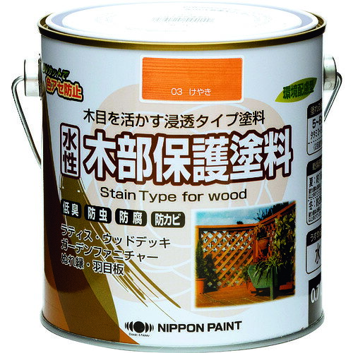 【特長】■水性タイプなので、初めての方にも手軽に塗装できる木部保護塗料です。■木材の防虫・防腐・防かび効果に優れ、木材に浸透して木の腐蝕を防ぎます。■木目を生かした半透明仕上げができ、紫外線吸収剤（UVカット）により、色アセ・劣化を防止します。【用途】■ウッドデッキ・ラティス（木製フェンス）・板塀・戸袋・羽目板・ぬれ縁などの屋外の木部・木製品。【仕様】■色：けやき■容量(L)：0.7■乾燥時間：約1時間(夏30℃)、約2時間(冬10℃)■塗り重ね可能時間：約2時間(夏30℃)、約4時間(冬10℃)■塗布面積(［［M2］］)：約5〜8■塗布面積：約5〜8(平米)【材質・仕上】■合成樹脂（アクリル）、顔料、木材防虫剤、防腐剤、防かび剤、水
