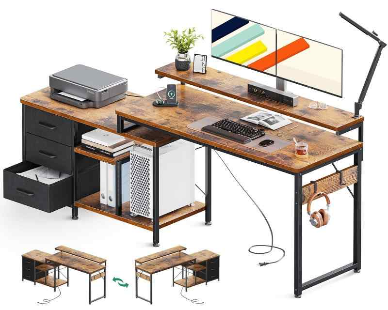 AODK パソコンデスク 引き出し付き ゲーミングデスク コンセント付き l字デスク デスク 机 幅153*100 pcデスク 棚付き コーナーデスク 収納 オフィスデスク 仕事用 在宅勤務 組立簡単