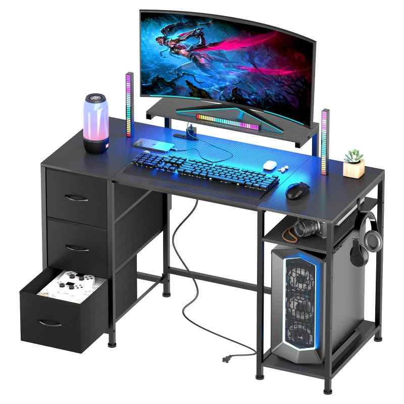 LunarLight パソコンデスク ゲーミングデスク モニター台高さ調節可能 コンセント付き 引き出し3杯 勉..