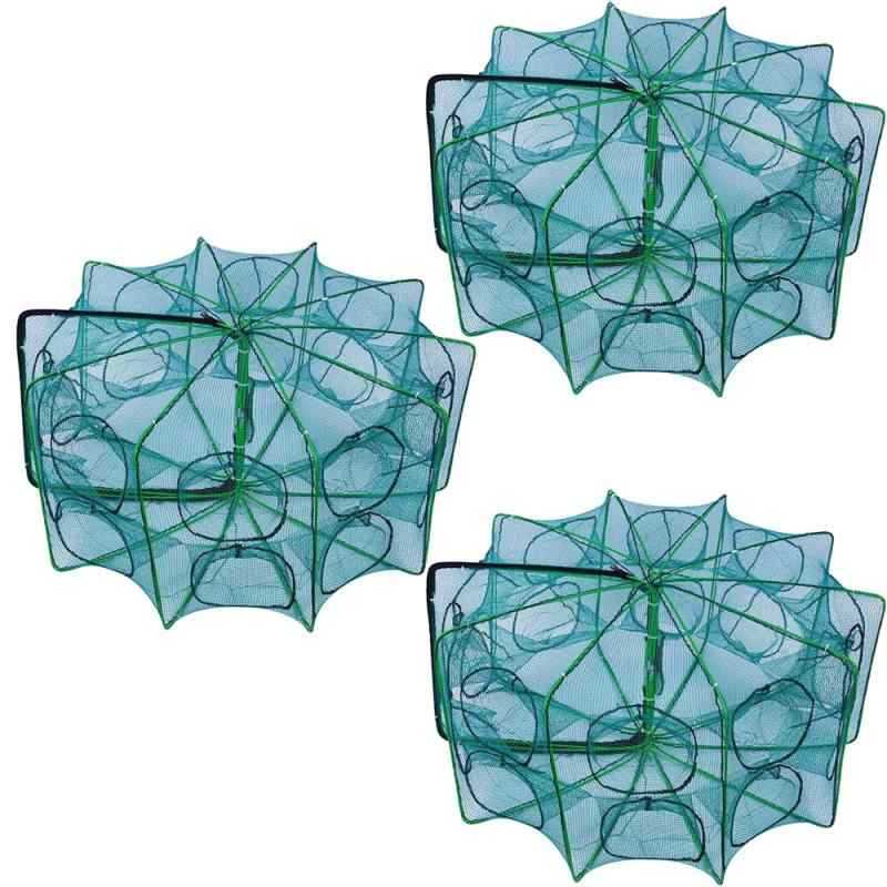 魚捕り網 3個セット 漁具 カニ捕りカゴ カニかご 折りたたみ式 フィッシングトラップ 6穴 直径60cm グリーン カニ エビ アナゴ ウナギ タコ 漁網 魚...