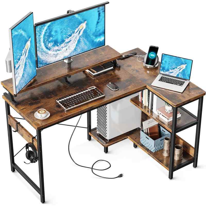 AODK パソコンデスク 幅120cm コンセント付き モニター台付き 棚付きゲーミングデスク l字デスク デスク 机 pcデスク 桌子 computer desk エル字デスク 収納 コーナーデスク オフィスデスク ブラッ