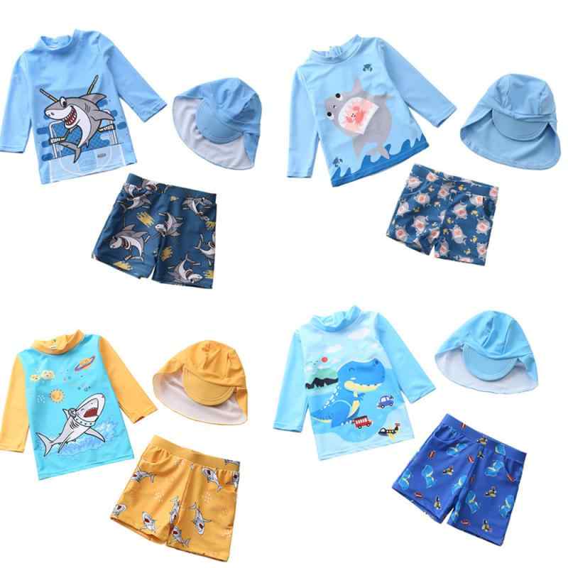 Rash Guards - 男児 長袖 分体 泳装 子供用水着 男の子用 防紫外線 シャーク ユニコーン プリント 接触冷感 ポリエステル 伸縮性 吸湿速乾 ビーチ プール 遊び着 夏用 かわいい デザイン ビッグシルエット