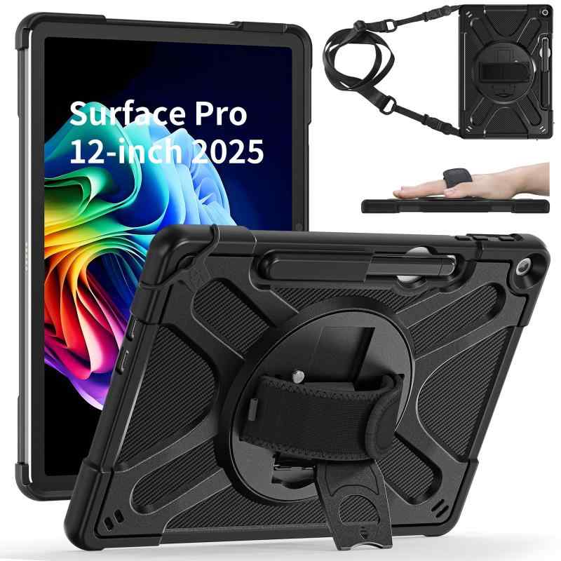 Rakuten - ZenRich Surface Pro 12 第 12 世代 2025 12 インチ 専用ケース キーボード対応 ペン収納付き 耐衝撃 360° 回転スタンド ハンドストラップ ショルダーベルト ビジネス 在宅勤務 プレゼン用