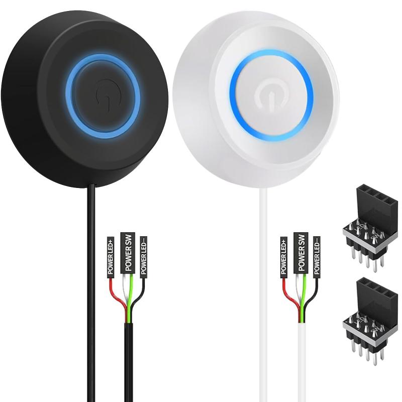 有显示器 21 吋～ - PC電源ボタン外付けHDDプッシュコンピュータホスト丸型LEDボタンオン/オフデスクリモートPCコンピュータケース電源スイッチ(ブラック+ホワイト)マザーボードブート用2mケーブル