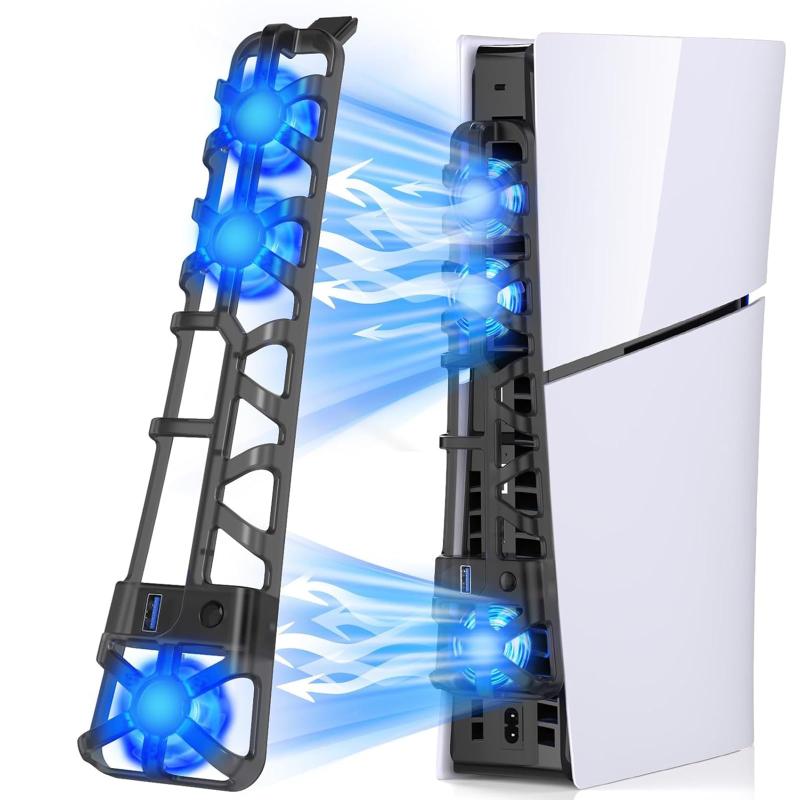 Elnicec PS5 Slim 冷却ファン新型 PS5 Slim 対応PlayS*tation 5用クーリングファン PS5 Slim用アクセサリー LEDライト付き USBポート 3つファン 急速冷却 静音 装着簡単 PS5 Slim 対応 ディスク