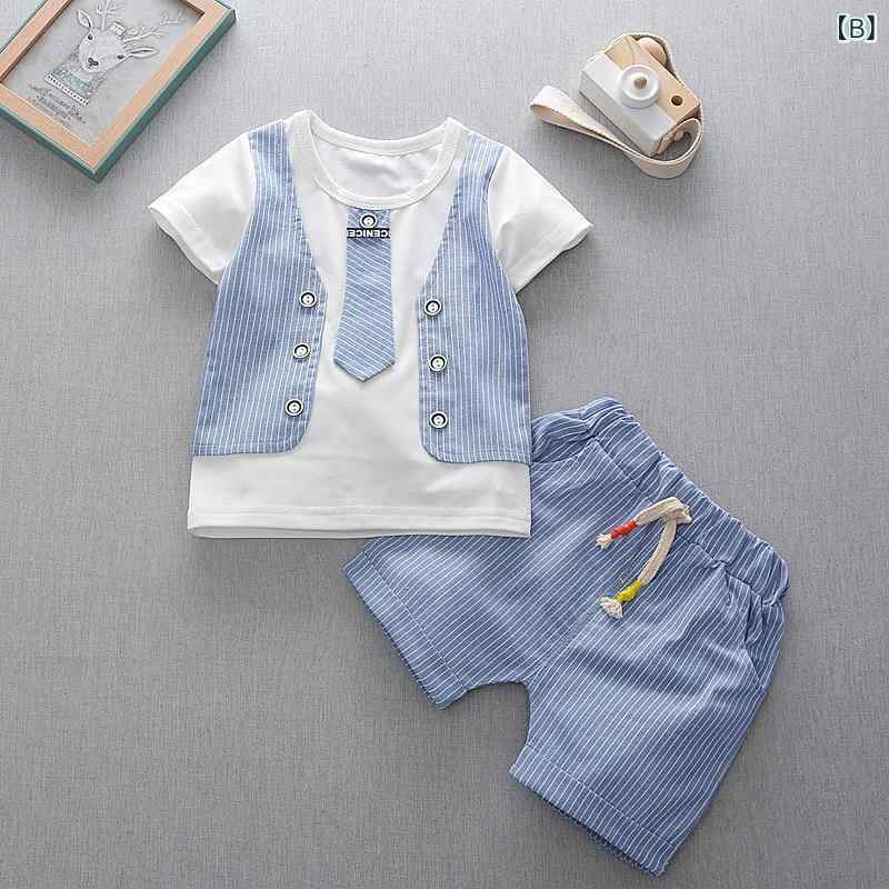 子供 男の子 セットアップ 短袖 Tシャツ 半ズボン 2点セット 綿素材 柔らかい 薄手 条紋 純色 赤 浅青 夏服 英倫スタイル 潮范 紫外線カット 3