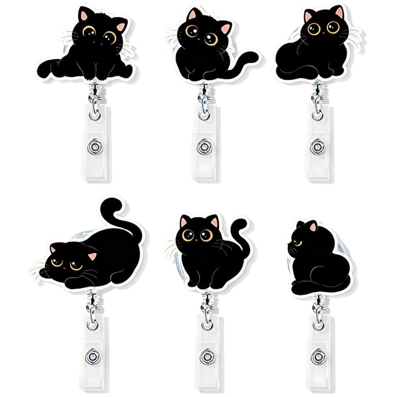 Rakuten - [] 猫 リールクリップ 可愛い 6個セット アクリル製 吊り下げ名札用リール リールキーホルダー 名札 ネームホルダー カードホルダー 名前装飾バッジリール 伸びるリールストラップ 最