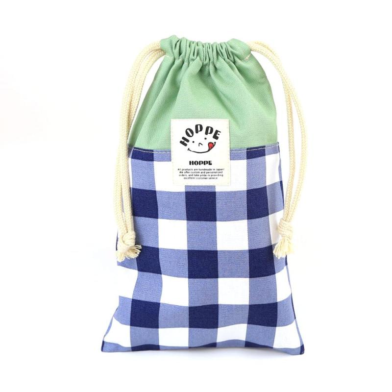 ロング巾着 ネイビーチェック ナイロン裏地付き 縦長 巾着袋 マチなし トリオセット 通園 通学 小学生 ..