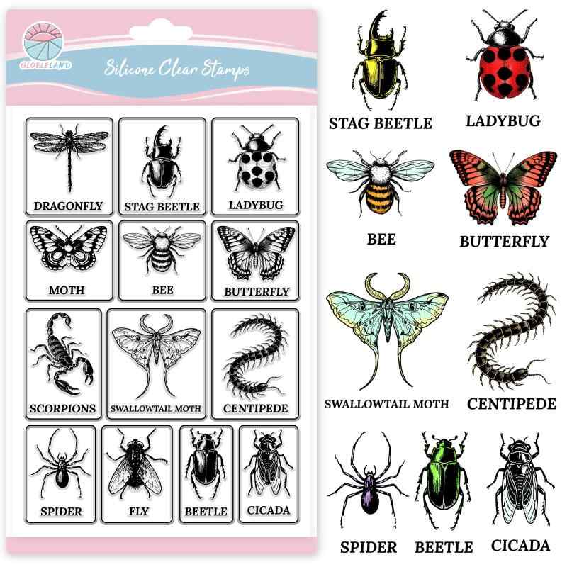 GLOBLELAND 昆虫イラストクリアスタンプ カードデコレーション用 シリコンチャーム バタフライ トンボ クモ 透明スタンプシート DIYスクラップブッキング フォトアルバム装飾