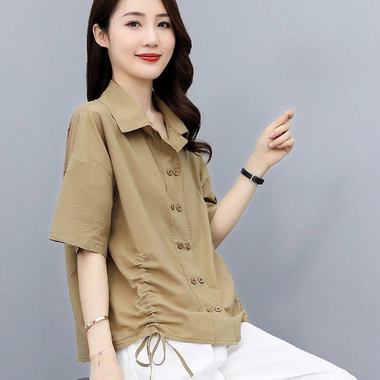 ブラウス 女性用 春夏 七分袖 ポロカラー パフスリーブ 接触冷感 伸縮性 切り替え 橘色 卡其色 ライトグリーン ダークグリーン ゆったりシルエット 私服 スタイリッシュ トップス シャツ コットン混 吸湿速乾 軽量 普段使い 通勤用 部