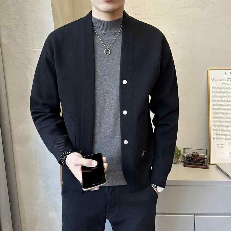 メンズ カーディガン ニット トップス セーター 開き前 長袖 直筒 翻領 提花柄 透気性 化繊混紡 腈纶 ブラック ベージュ 春 秋 青年 日常 韓国風 ファッション ゆったり 軽量 カジュアル レイヤード コーデ 暖か スタイリッシュ
