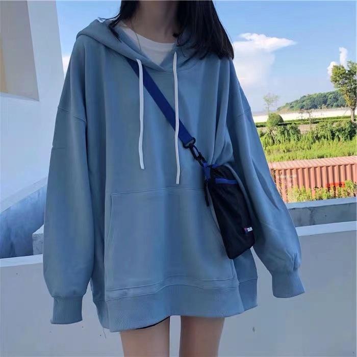 Parka - レディース スウェット トップス 秋冬 薄手 長袖 連帽 ワイドシルエット 中長丈 切り替え デザイン 丸首 ポリエステル 素材 ブラック ホワイト ブルー ピンク 通勤 普段使い 気質 スタイル 軽量 吸湿速乾 快適 着こなし