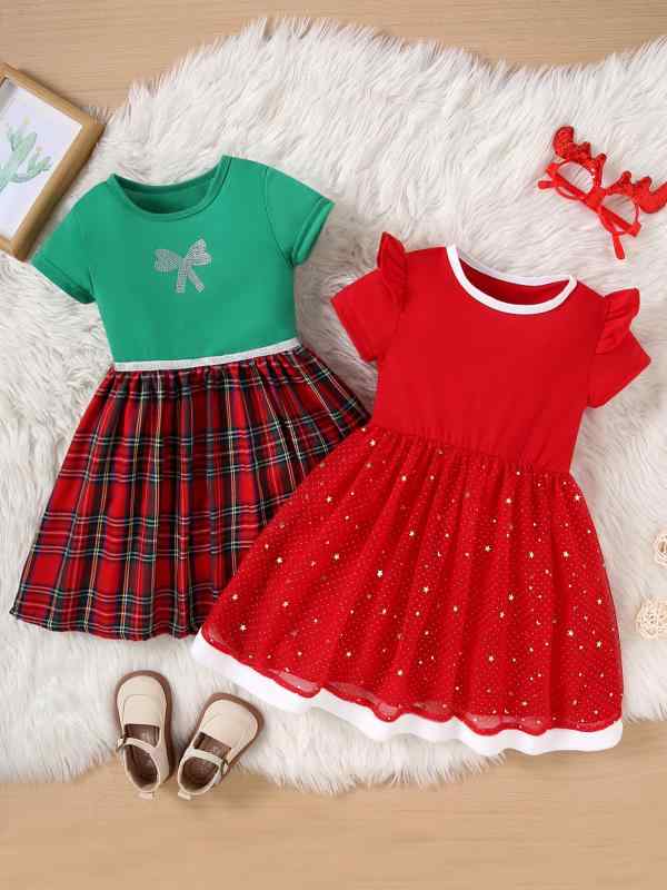 女の子 子供服 プリンセス スカート セット 短袖 丸首 切り替え チェック柄 星 チュールスカート パーティー 姉妹 お揃い 夏 綿混紡 柔らかい 普通厚 混合色 3-8歳 100-140cm 90cm 100cm 110cm 120cm 130cm