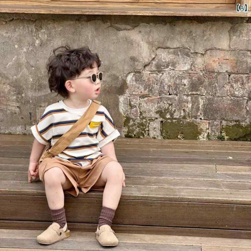 男の子 服 トップス 短袖 シャツ 条紋 柄 夏服 短パン セット 綿素材 柔らかい 薄手 軽量 3-8歳 夏 韓国風 ストリートスタイル かわいい 子供服 親子 お出かけ 遊び着 日常使い 通園 通学 伸縮性 通気性 速乾性 クールビズ ビーチ プール