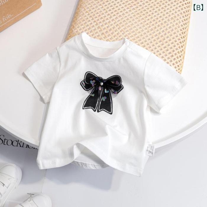 女の子 Tシャツ 短袖 夏 かわいい 蝶結び 綿 ピンク 白 紫 3-8歳 中小童 柔軟 純色...
