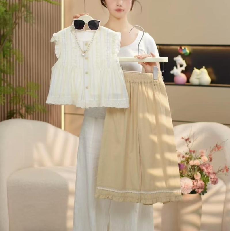 女の子 服 セットアップ 夏 子供 半袖 花柄 フリル シャツ ワイドパンツ 綿 薄手 黄色 ストライプ 純色 潮 スタイル 韓風 カジュアル 日常使い 軽やか 涼しい 飛袖 九分丈 8歳以上 中大童 110cm 120cm 130cm 140cm 15