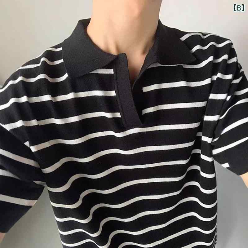 メンズ POLOシャツ 短袖 条紋 針織 トップス 高級感 ゆったり 夏服 接触冷感 ポリエステル 白 黒 日常着 耐久性 伸縮 薄手 開衩 デザイン orange-island-10578606 オレンジアイランド サンプル画像2