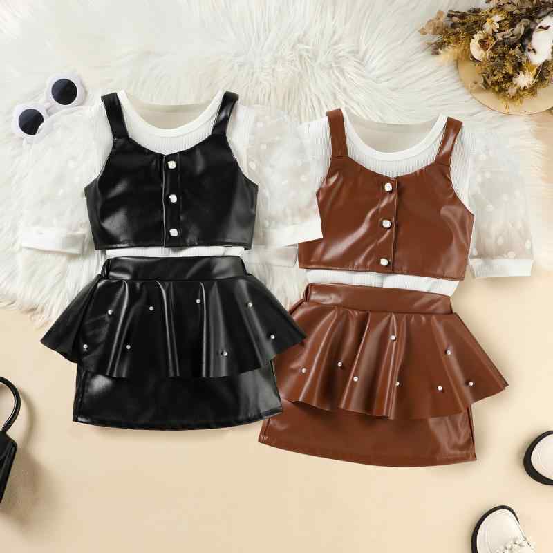 女の子 3点セット ワンピース 短袖 網纱 スカート PU皮 馬甲 開扣 デザイン ビーズ 装飾 夏服 ポルカドット 柄 黒 ブラウン 聚酯繊維 素材 子供服 3〜8歳 対応 かわいい 欧米風 ファッション セットアップ ガーリー スタイル 軽量 快適