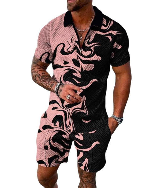 メンズ ポロシャツ セット 3D 翻領 短袖 Tシャツ ショーツ スポーツウェア 化繊混紡 ポリエステル 涼しい 夏 休日 アクティブ スタイリッシュ 快適 軽量 ストレッチ 黒 グレー ネイビー