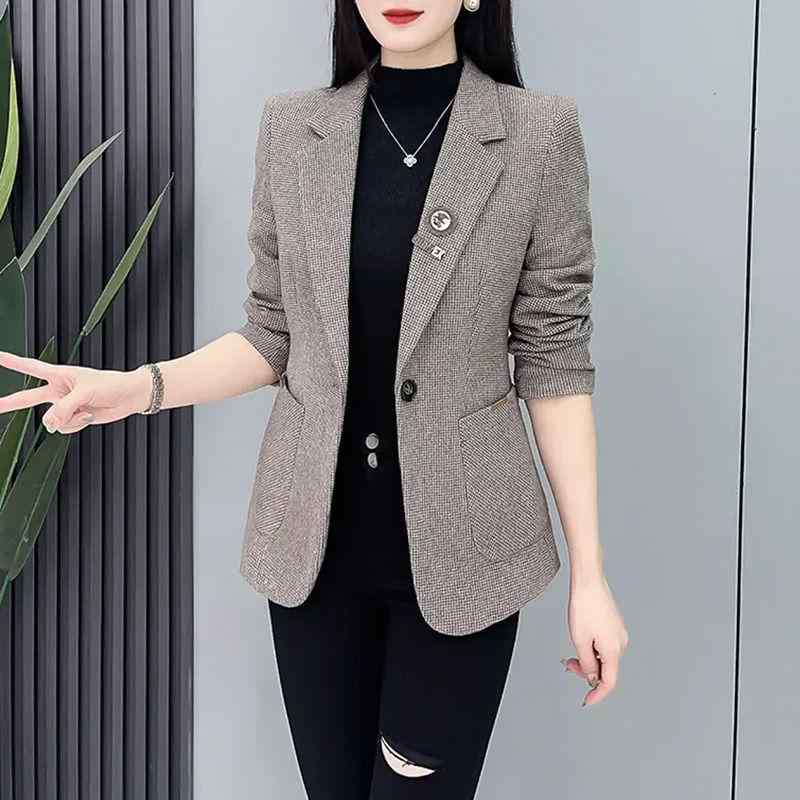 ママ服 レディース 小西装 短め上衣 春秋 チェック柄 格子柄 修身型 ボタン 長袖 ホリーフリル襟 通勤風 スタイル 快適 ポリエステル 素材 かき 灰 カラー 普段使い 軽量 伸縮性 ハイウエスト
