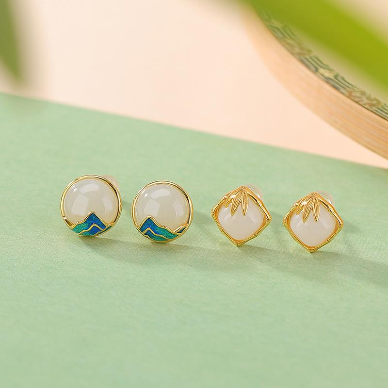 ピアス レディース 女性用 和田玉 S925銀 スターリングシルバー 琺瑯 七宝焼き 花モチーフ リーフモチーフ ネオチャイニーズ 文芸復古 上品 エレガント ジュエリー アクセサリー 耳飾り 普段使い デイリー
