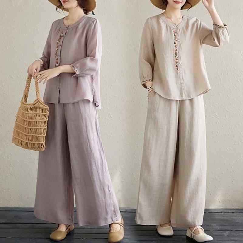 ・丈: 九分丈・加工: 刺繡・素材: コットンリネン・主要素材: リネン・カラー展開: パープル.ナチュラル・サイズ展開: M, L, XL, 2XL, 3XL・スタイル: 文芸風レトロ.リラックスカジュアル・セット内容: パンツセット・性別: レディース・袖タイプ: レギュラー・袖丈: 九分丈・カテゴリ: カジュアルセットアップ