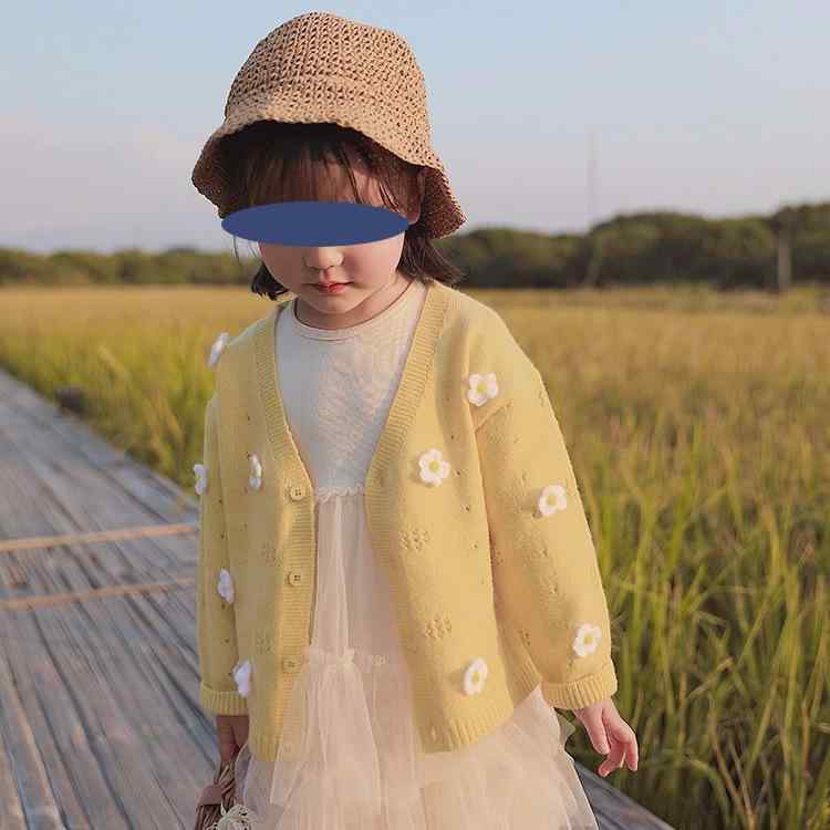キッズ 女の子 ニット カーディガン 長袖 Vネック 綿素材 柔らかい かわいい 田園 プリンセス トップス 春夏 秋 白 緑 黄 3-8歳 100-140cm