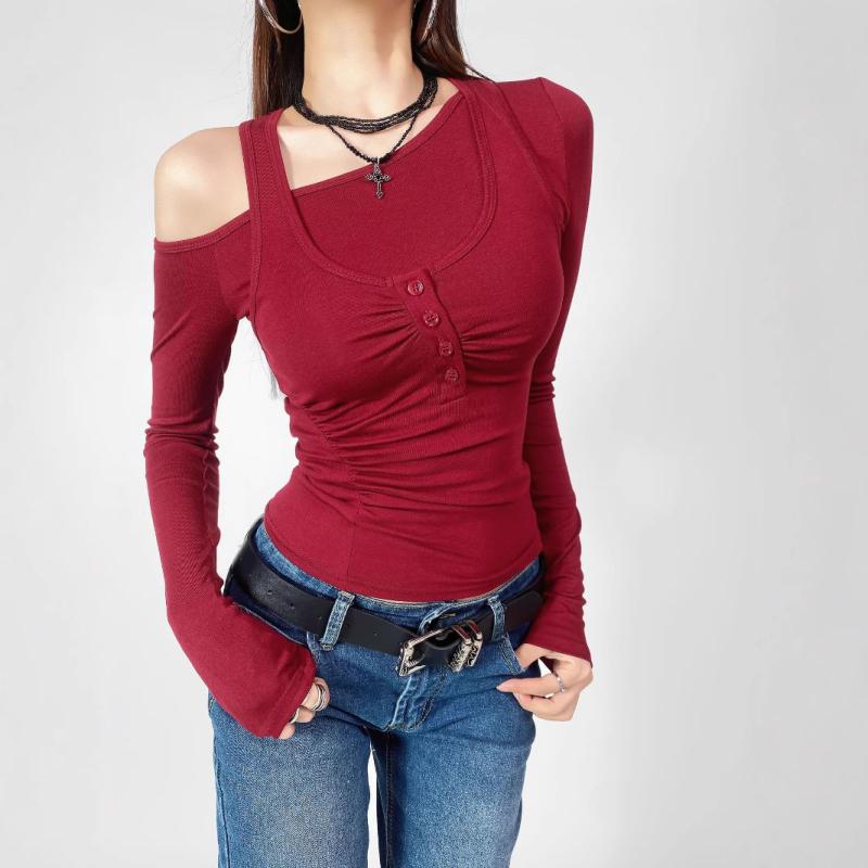 トップス レディース 吊り紐 キャミソール セット 長袖 Tシャツ 2点セット 韓国 女性服 秋 短丈 オフショルダー 長袖 プリーツ ボタン アシンメトリー 再生繊維 70-80% ストレッチ 甘辛スタイル 私服 セレブ風 黒 白 花柄 灰 長袖