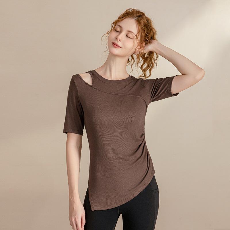 レディース トップス ヨガウェア 短袖Tシャツ 露肩 修身 フィット 伸縮性 吸湿速乾 再生繊維 綿混 春夏 夏 春 白 ココアブラウン ネイビー グレー ランニング フィットネス ダンス ヨガ 運動 トップス かわいい 軽量 女性用 女性