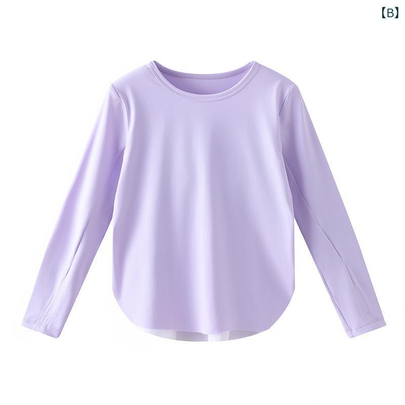 オレンジアイランドの女の子 Tシャツ 長袖 運動 トップス 速乾 防紫外線 綿 ナイロン 素材 夏 屋外 防晒 徒歩 走行 運動 休闲 米白 浅紫 ピンク かわいい 軽量 伸縮性 丸首｜アングル3