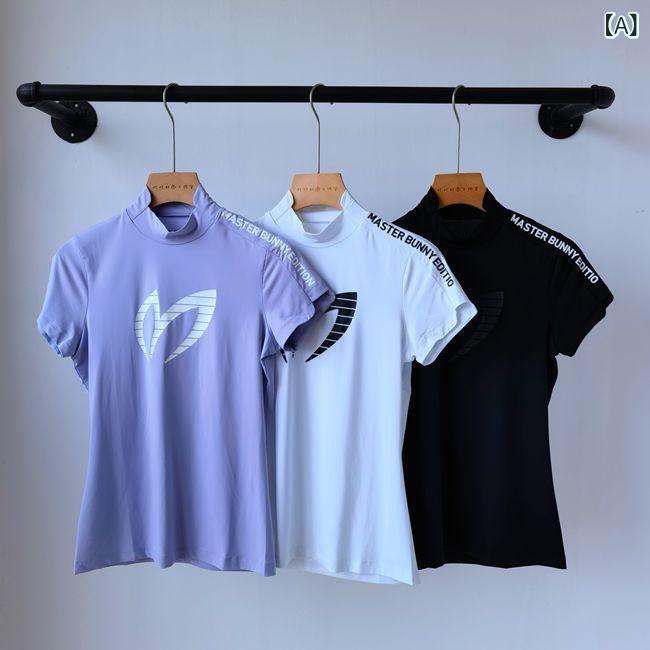 ゴルフ レディース 短袖 Tシャツ 半高領 錯層 弾力 透気 速乾 竹繊維 夏 女性用 ゴルフウェア トップス 伸縮性 軽量 白 黒 紫 ゴルフ スポーツ アクティブウェア