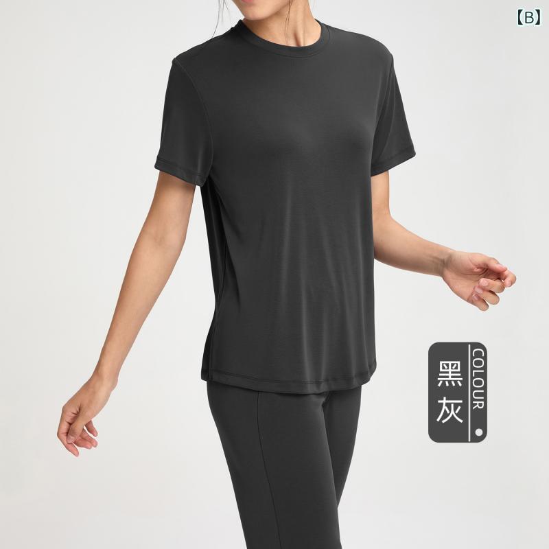 レディース トップス モダール ストレッチ ゆったり ドレープ 短袖 ヨガ Tシャツ ...