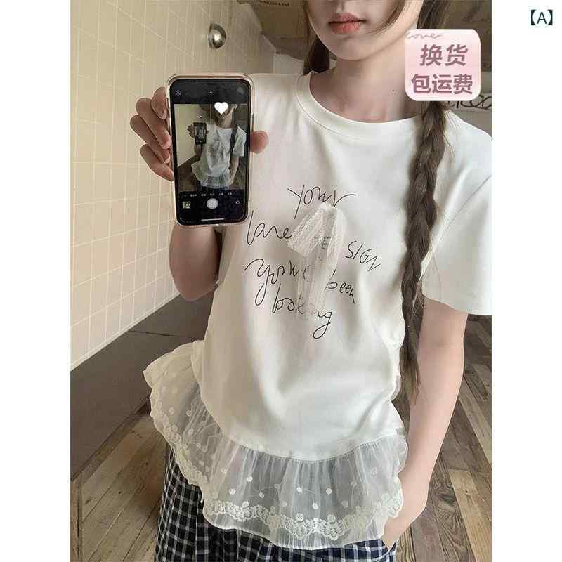 Tシャツ レディース 短袖 丸首 綿 アルファベットプリント ホワイト 蝶結び レース...
