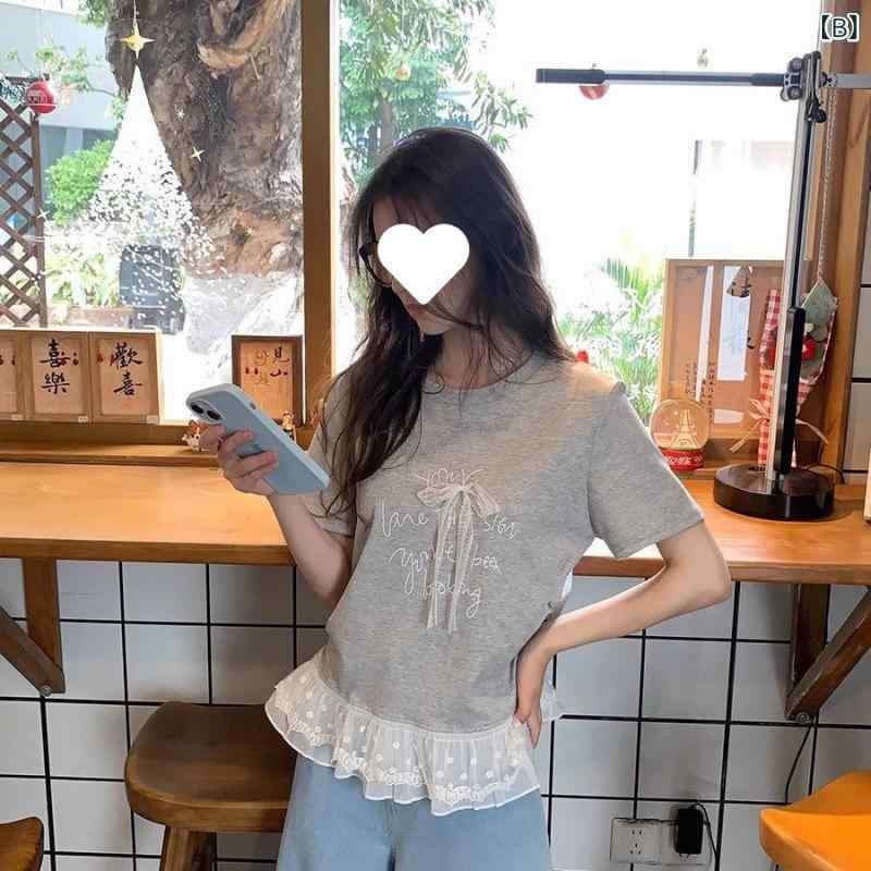 Tシャツ レディース 短袖 丸首 綿 アルファベットプリント ホワイト 蝶結び レース...