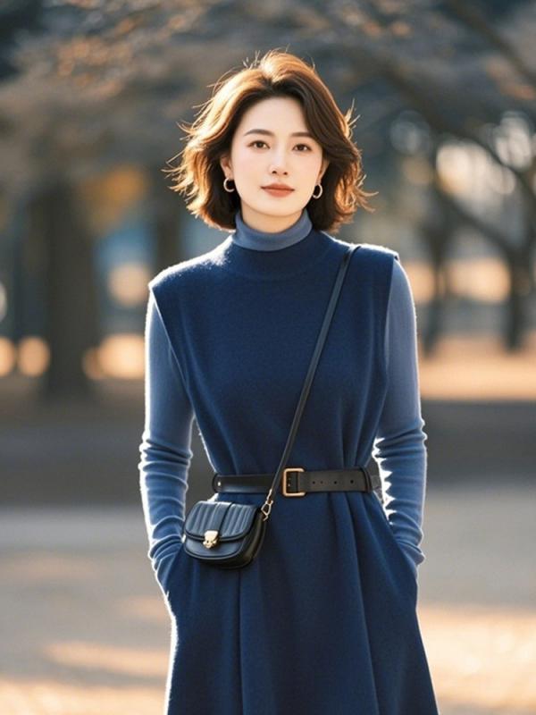 레이디스 가을 겨울 셋업 코트 깊은 파랑 니트 탑스 백레스 등 열림 원피스 중장 길이 스커트 세트 색