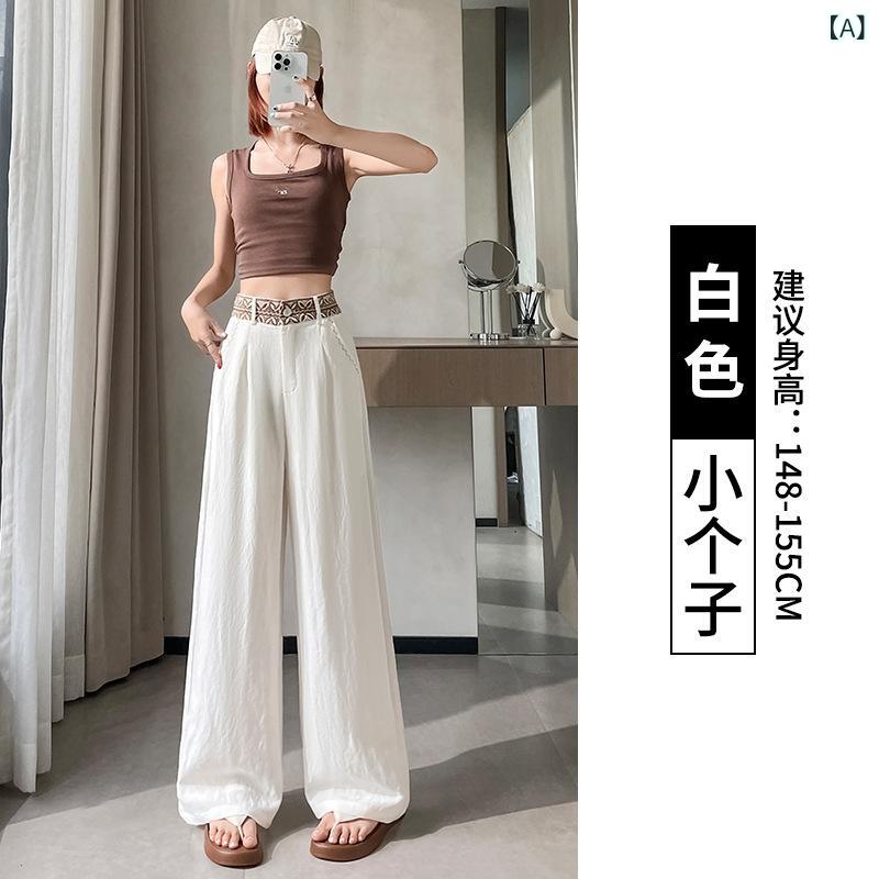 レディース ワイドパンツ 天絲 麻 夏 軽薄 松弛 垂感 加長 直筒 長ズボン ワイドレッグ ポリエステル 涼しい 微弾 口袋 免烫 日韓 カジュアル 優雅 白 黒 杏色 普段使い 通勤 ゆったり